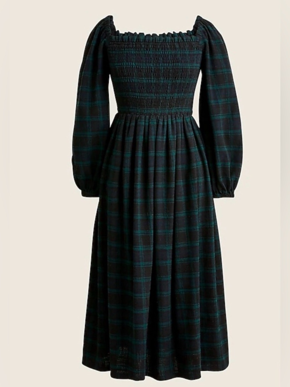 J. Crew Smocked Tartan Plaid Midi Dress Black Green Fall Prairie L 100% Cotton